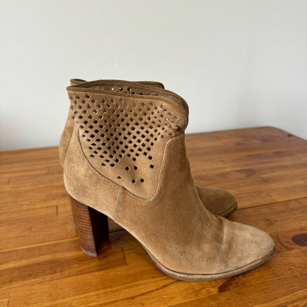 Diane Von Furstenburg DVF Camel Tan Suede Leather Perforated Heeled Boots 8